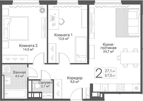 Планировка: Евротрёшка 67,5 м² в ЖК «Руднева, 15»