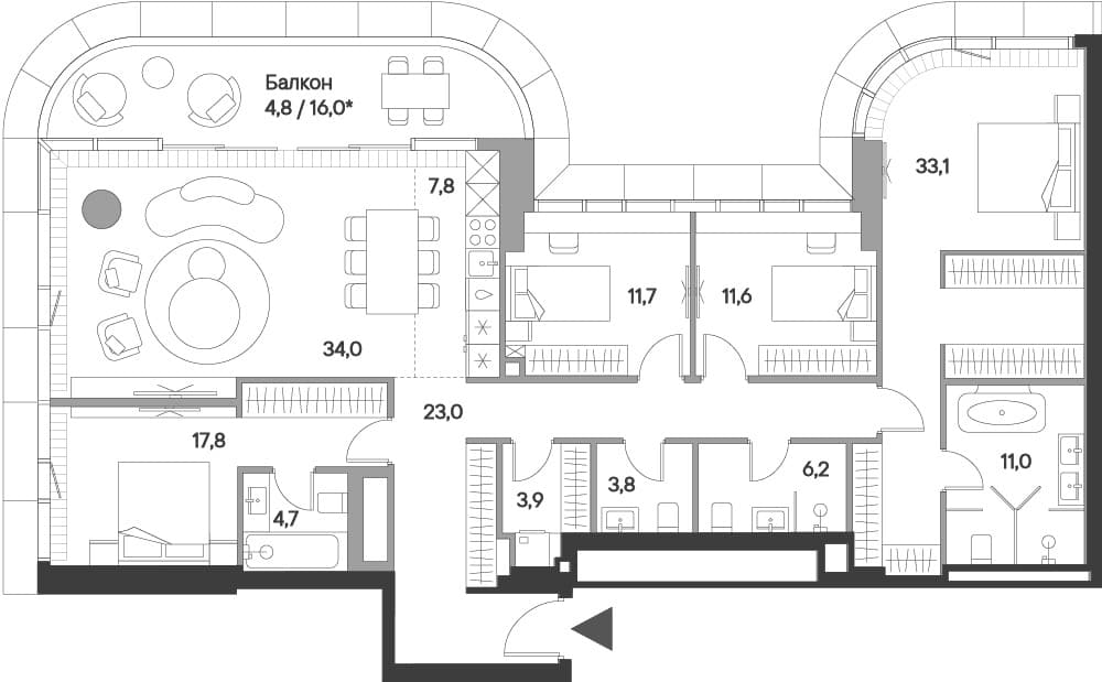 Планировка: Квартира евро-5 168,6 м² в ЖК «Springs»