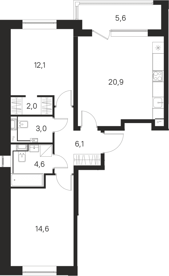 Планировка: Евротрёшка 63,3 м² в ЖК «М36»