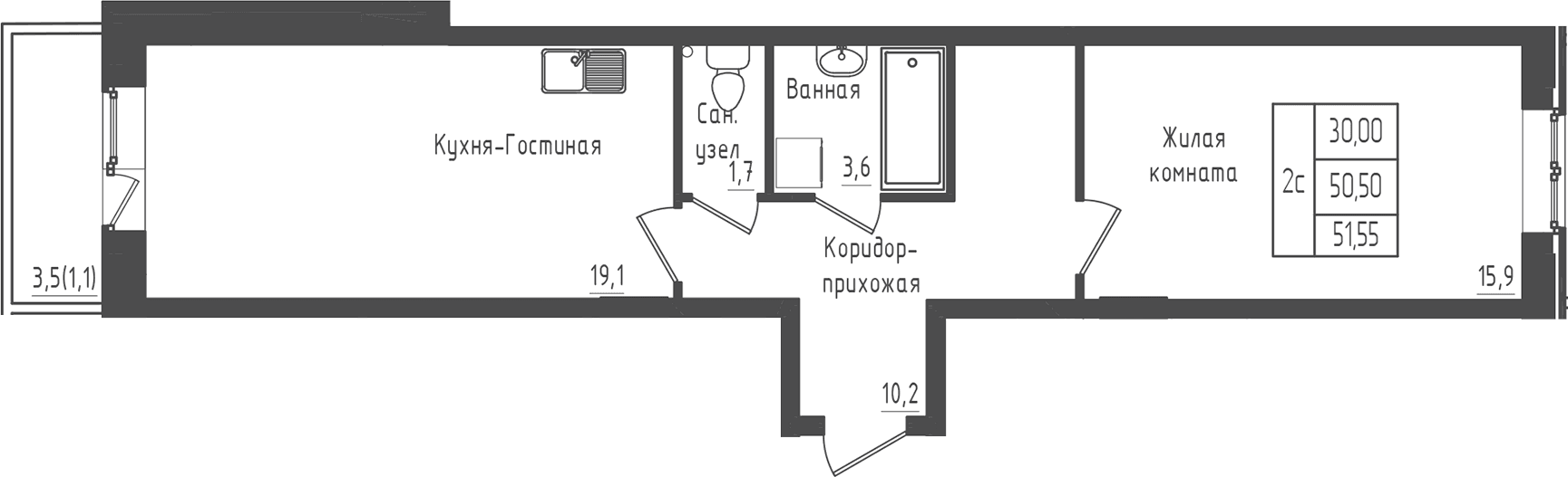 Планировка: 1-комнатная квартира 50,5 м² в ЖК «Зеленый город»