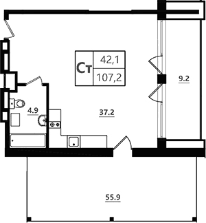 Планировка: Студия 42,1 м² в ЖК «Морская Ривьера»