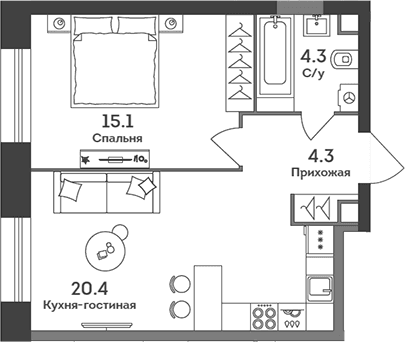 Планировка: Евродвушка 45,4 м² в ЖК «ЭРА»