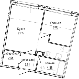 Планировка: Евродвушка 41,7 м² в ЖК «Аквилон Рива»