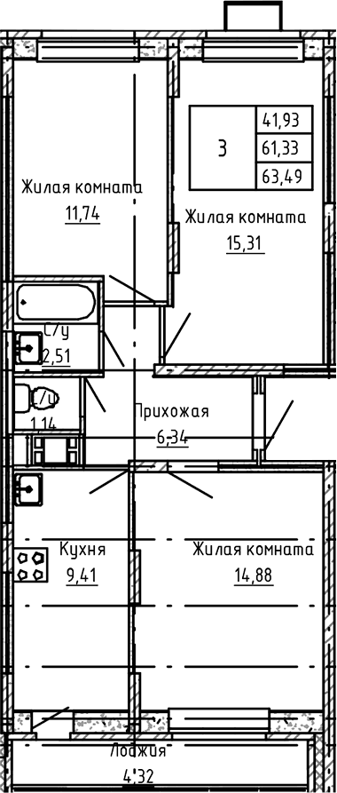 3-комнатная квартира