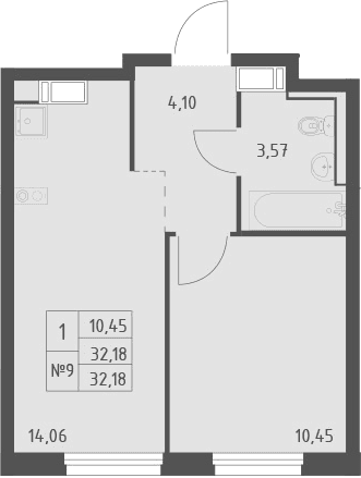 Планировка: 1-комнатная квартира 32,2 м² в ЖК «Квартал Торики»