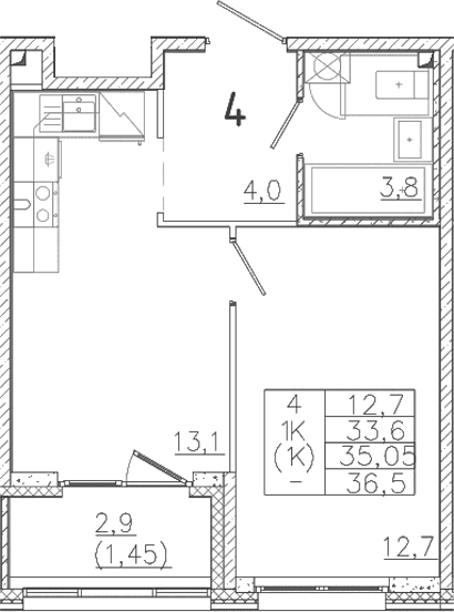 Планировка: 1-комнатная квартира 33,6 м² в ЖК «Лисино»