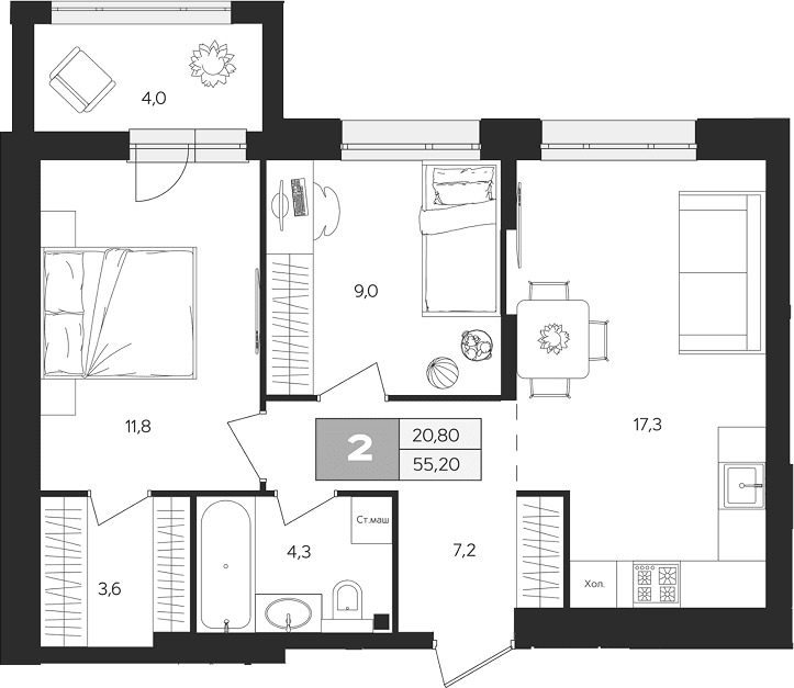 Планировка: 2-комнатная квартира 53,2 м² в ЖК «Ласточкино»