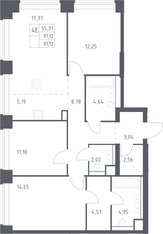 Планировка: Квартира евро-4 91,1 м² в ЖК «НОВА»