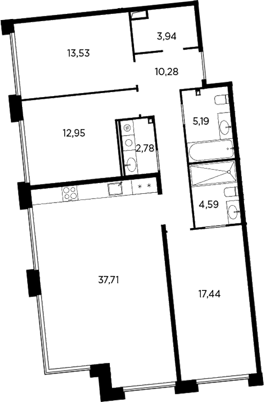 Планировка: Квартира евро-4 108,4 м² в ЖК «Акватория»