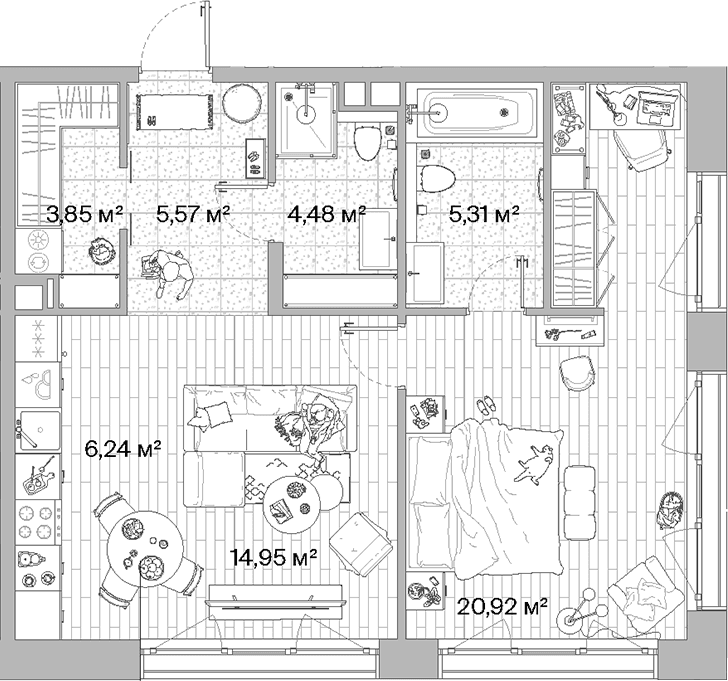 Планировка: Евродвушка 61,3 м² в ЖК «МЫС»