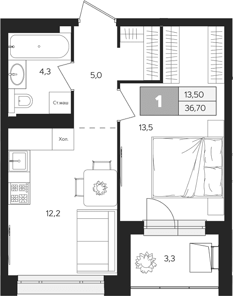 Планировка: 1-комнатная квартира 35,1 м² в ЖК «Ласточкино»