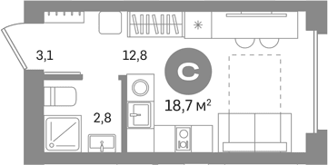 Планировка: Студия 18,7 м² в ЖК «Первый квартал. Вторая очередь»