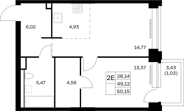 Планировка: Евродвушка 49,1 м² в ЖК «НОВА»