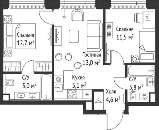 Планировка: Евротрёшка 55,7 м² в ЖК «СЕТ»