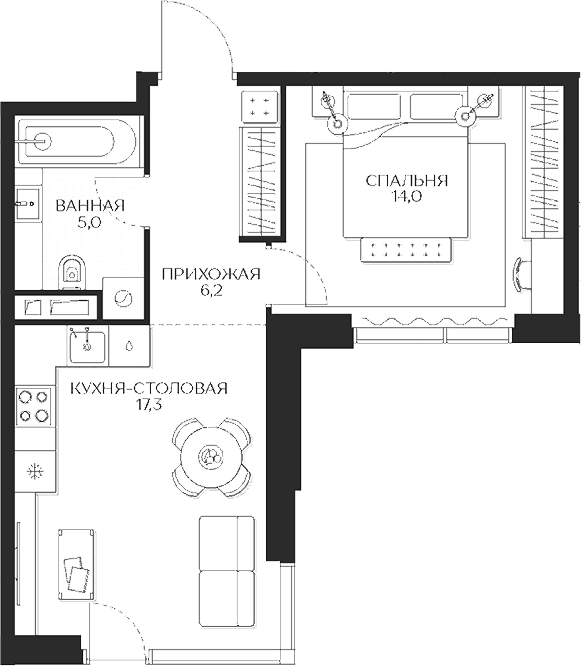 Планировка: 1-комнатная квартира 42,5 м² в ЖК «Кутузов Сити»