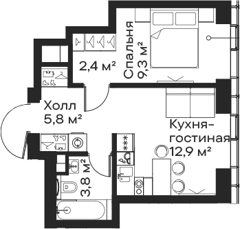 Планировка: Евродвушка 34,2 м² в ЖК «Сити Бэй»