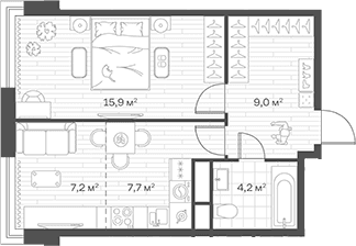 Планировка: Евродвушка 44 м² в ЖК «Аристов Берег»