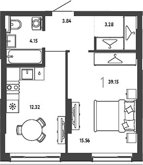 Планировка: 1-комнатная квартира 39,2 м² в ЖК «Страна.Парковая»