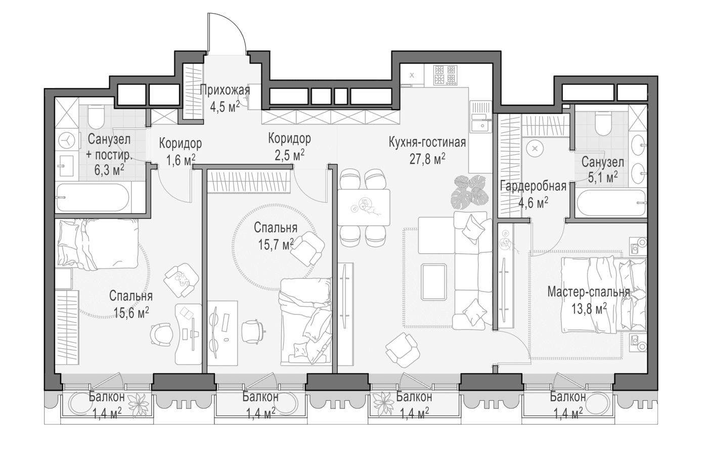 Планировка: Квартира евро-4 96,9 м² в ЖК «Квартал Тишинский бульвар»