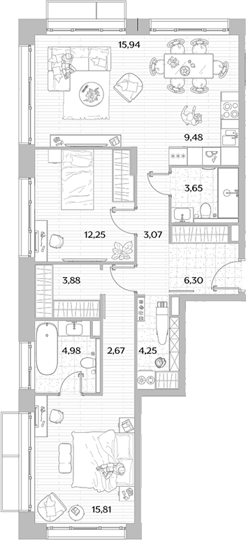 Планировка: Евротрёшка 86,8 м² в ЖК «МЫС»