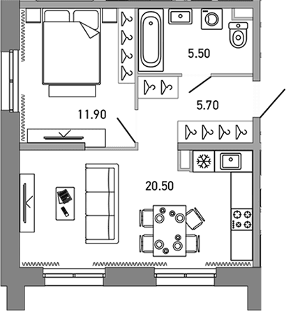 Планировка: 1-комнатная квартира 42,4 м² в ЖК «ЛОВО»