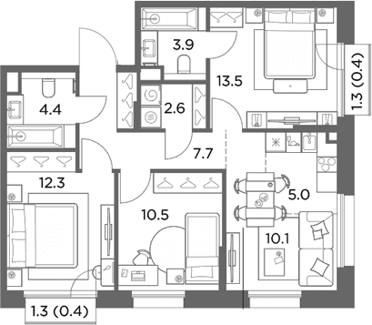 Планировка: Квартира евро-4 70 м² в ЖК «Станиславский»