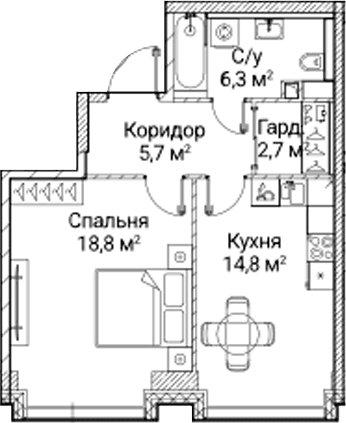 Планировка: 1-комнатная квартира 48,3 м² в ЖК «СЕЗАР БУДУЩЕЕ»