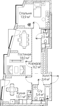 Планировка: 2-комнатная квартира 64,9 м² в ЖК «СЕЗАР БУДУЩЕЕ»