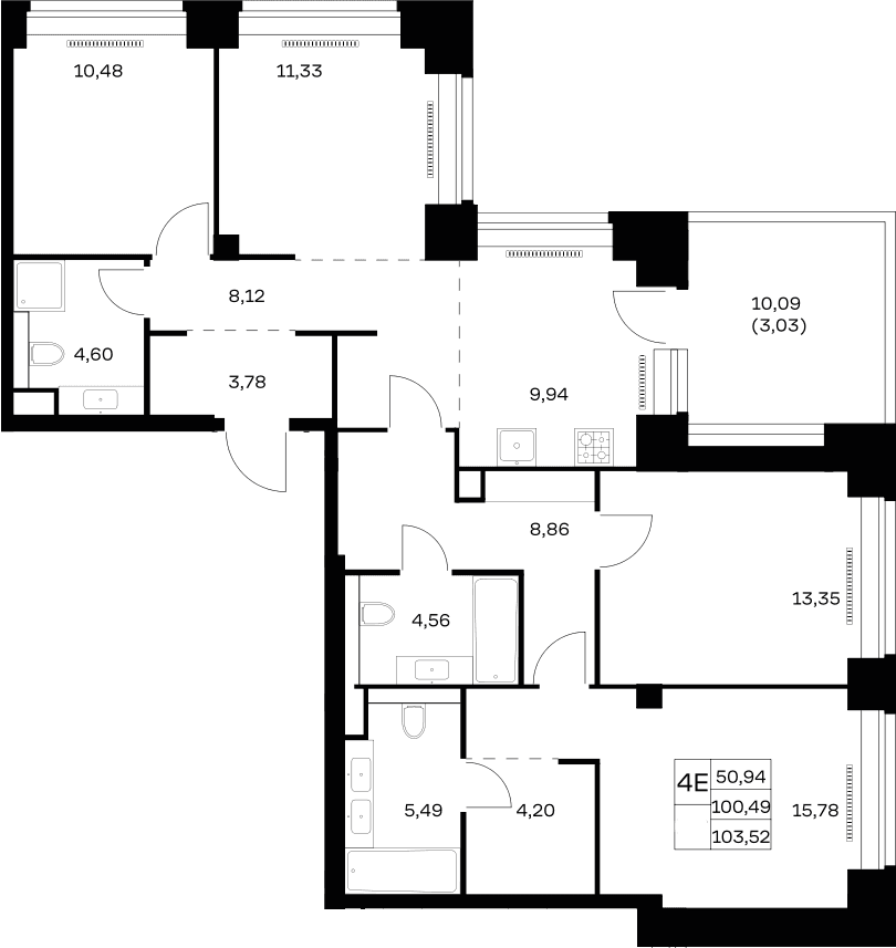 Планировка: Квартира евро-5 100,5 м² в ЖК «НОВА»