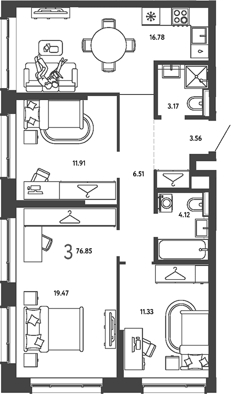 Планировка: 3-комнатная квартира 76,9 м² в ЖК «Страна.Парковая»