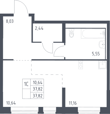 Планировка: Студия 37,8 м² в ЖК «Молжаниново»