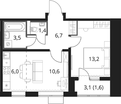 Планировка: 1-комнатная квартира 41,4 м² в ЖК «1-й Шереметьевский»