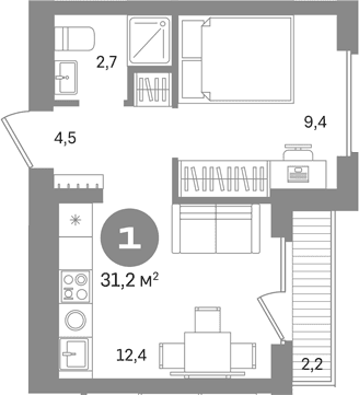 Планировка: 1-комнатная квартира 29 м² в ЖК «Первый квартал. Вторая очередь»