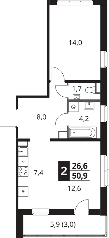 Планировка: Евродвушка 47,9 м² в ЖК «1-й Южный»