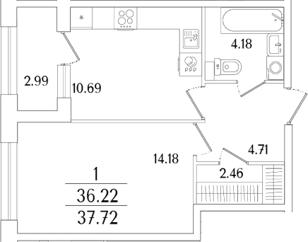 Планировка: 1-комнатная квартира 36,2 м² в ЖК «Аурум»