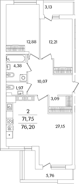 Планировка: Евротрёшка 71 м² в ЖК «Лайнеръ»