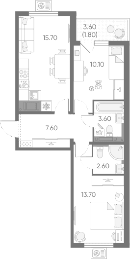 Планировка: Евротрёшка 53,3 м² в ЖК «Зеркальный ручей»