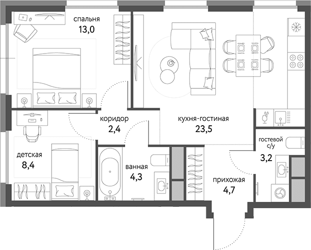 Планировка: Евротрёшка 59,5 м² в ЖК «Сиреневый парк»