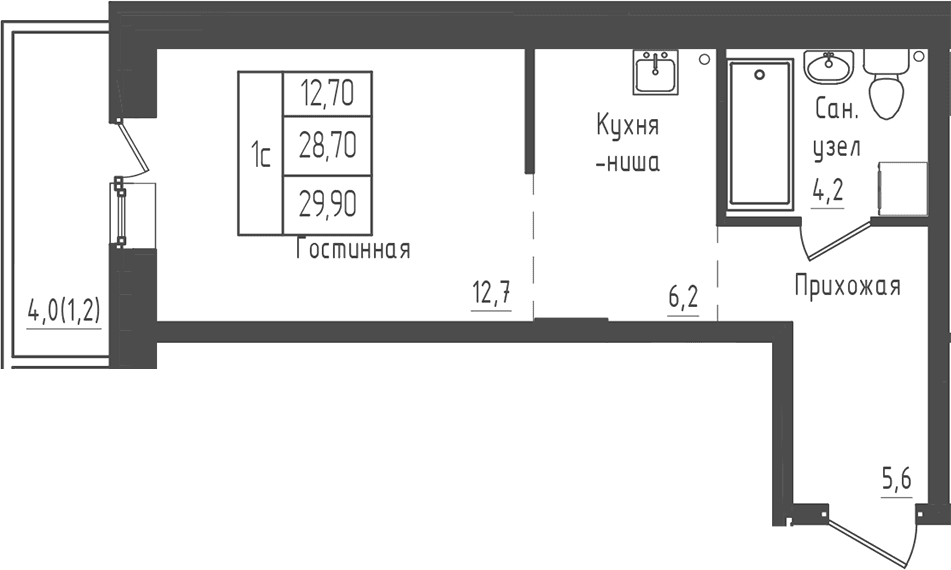 Планировка: Студия 28,7 м² в ЖК «Зеленый город»