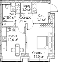 Планировка: 1-комнатная квартира 43,4 м² в ЖК «СЕЗАР БУДУЩЕЕ»