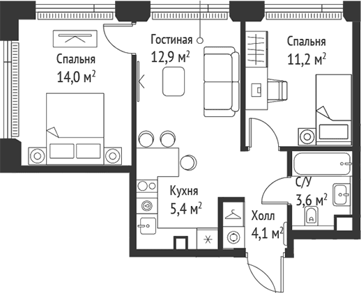 Планировка: Евротрёшка 51,3 м² в ЖК «СЕТ»