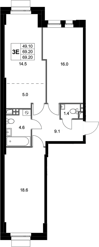 Планировка: Евротрёшка 69,2 м² в ЖК «Кореневский Форт 2.3»