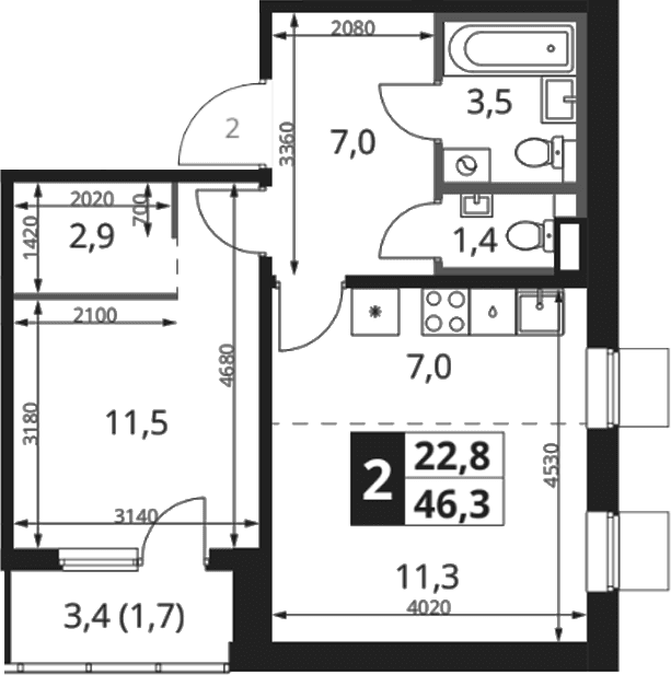 Планировка: Евродвушка 44,6 м² в ЖК «1-й Ясеневский»