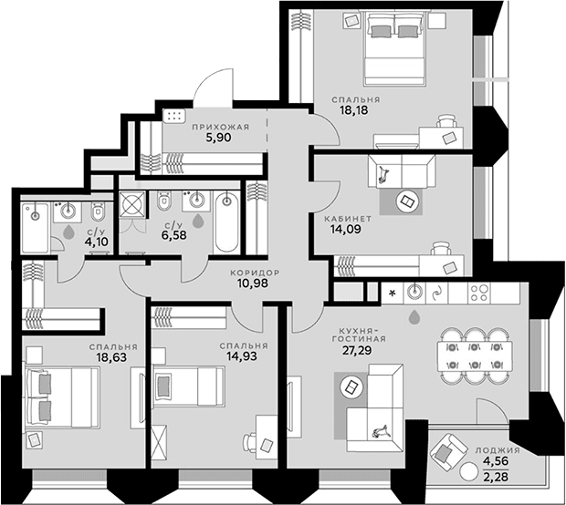 Планировка: Квартира евро-5 120,7 м² в ЖК «СберСити»