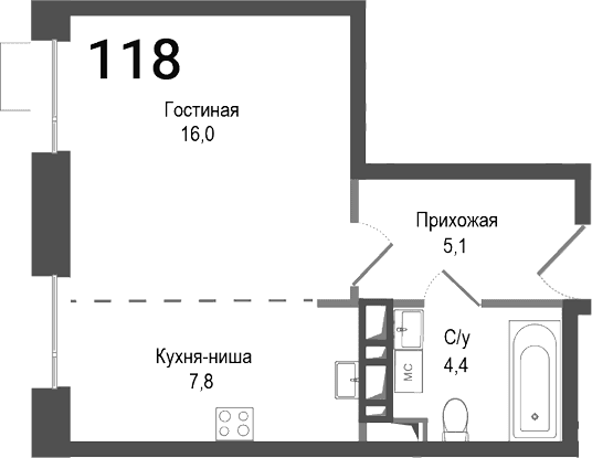 Планировка: Студия 33,3 м² в ЖК «Киноквартал»