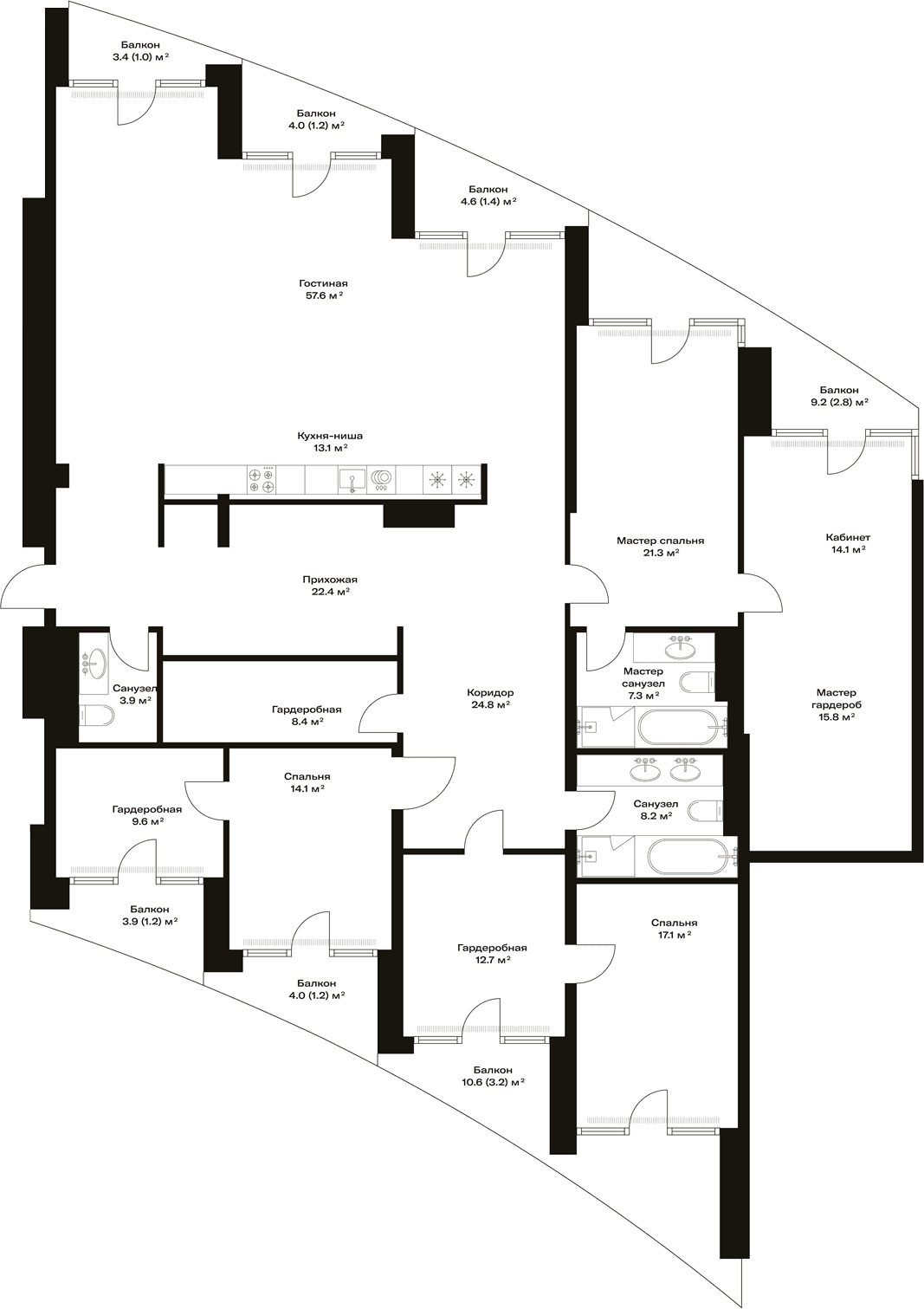 Планировка: 5-комнатная квартира 252 м² в ЖК «Опус»