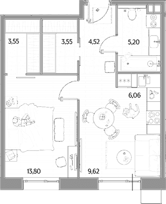 Планировка: Евродвушка 46,3 м² в ЖК «МЫС»