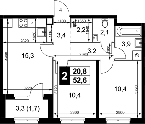 Планировка: Евротрёшка 50,9 м² в ЖК «1-й Химкинский»
