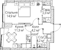Планировка: 1-комнатная квартира 36,9 м² в ЖК «СЕЗАР БУДУЩЕЕ»