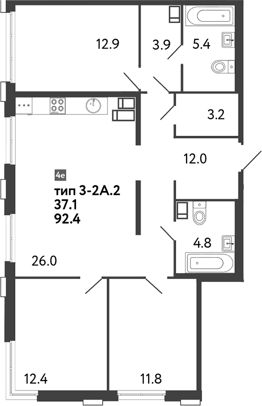 Планировка: Квартира евро-4 92,4 м² в ЖК «Струны»